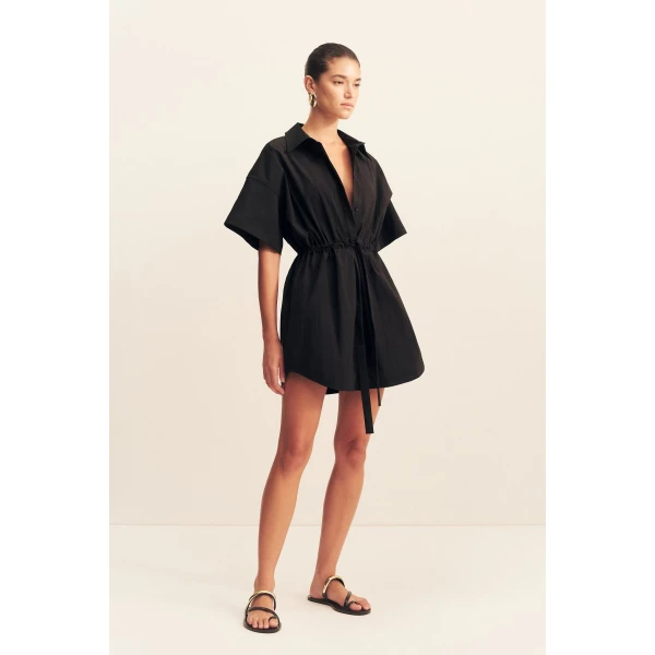 Short sleeve shirt dress with drawstring detail in black in a premium stretch cotton blend.