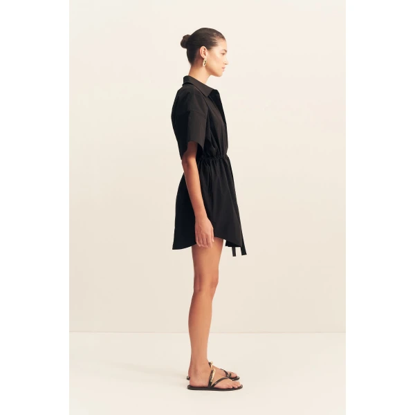 Short sleeve shirt dress with drawstring detail in black in a premium stretch cotton blend.