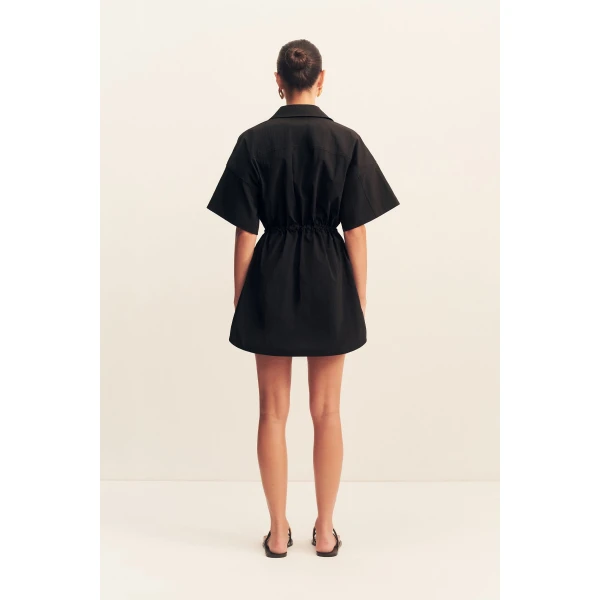 Short sleeve shirt dress with drawstring detail in black in a premium stretch cotton blend.