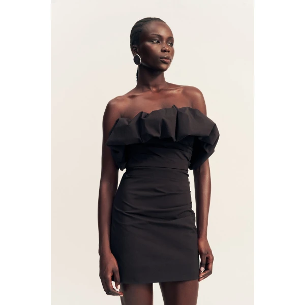 Strapless bubble mini dress in black in a premium stretch cotton blend.