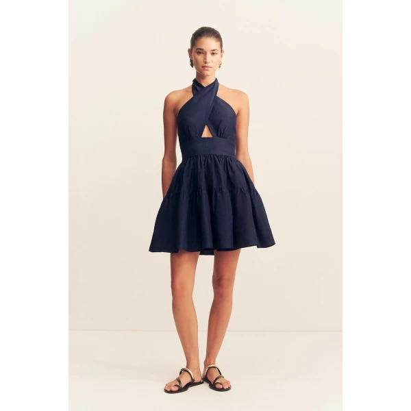 Halter tiered mini dress in midnight in a premium sheer Linen TENCEL™ blend.