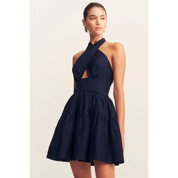 Halter tiered mini dress in midnight in a premium sheer Linen TENCEL™ blend.