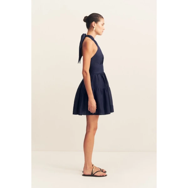 Halter tiered mini dress in midnight in a premium sheer Linen TENCEL™ blend.