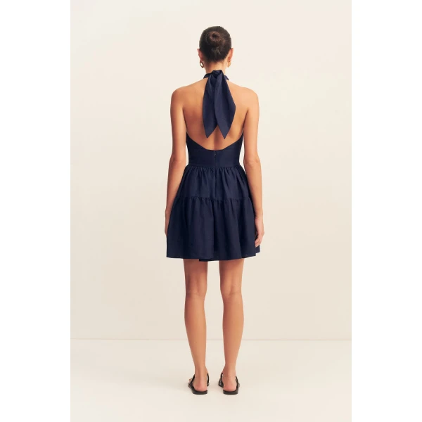 Halter tiered mini dress in midnight in a premium sheer Linen TENCEL™ blend.