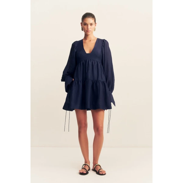 Long sleeve tiered mini dress in midnight in a premium sheer Linen TENCEL™ blend.