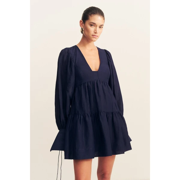 Long sleeve tiered mini dress in midnight in a premium sheer Linen TENCEL™ blend.