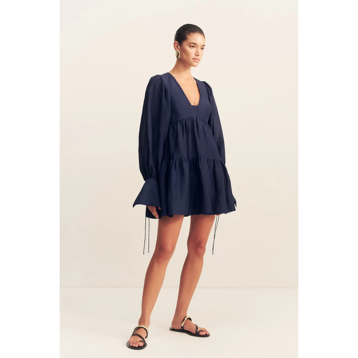 Long sleeve tiered mini dress in midnight in a premium sheer Linen TENCEL™ blend.