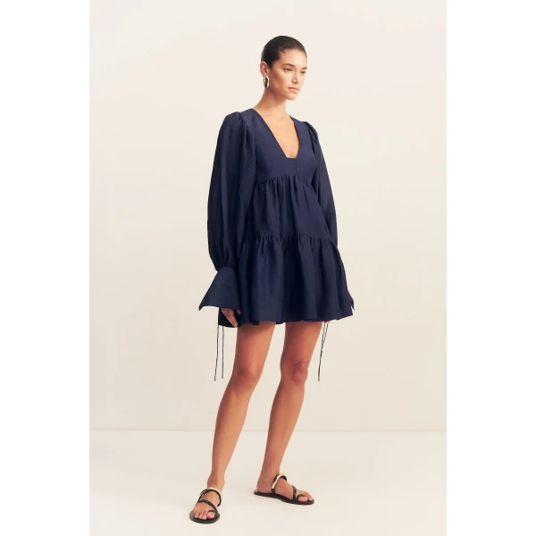 Long sleeve tiered mini dress in midnight in a premium sheer Linen TENCEL™ blend.