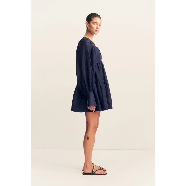 Long sleeve tiered mini dress in midnight in a premium sheer Linen TENCEL™ blend.