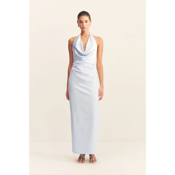 Spliced cowl neck maxi dress in seabreeze in a premium stretch cotton blend contrasted with a satin finish LENZING™ ECOVERO™.