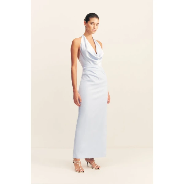 Spliced cowl neck maxi dress in seabreeze in a premium stretch cotton blend contrasted with a satin finish LENZING™ ECOVERO™.