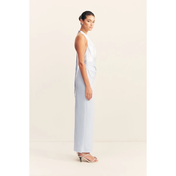 Spliced cowl neck maxi dress in seabreeze in a premium stretch cotton blend contrasted with a satin finish LENZING™ ECOVERO™.