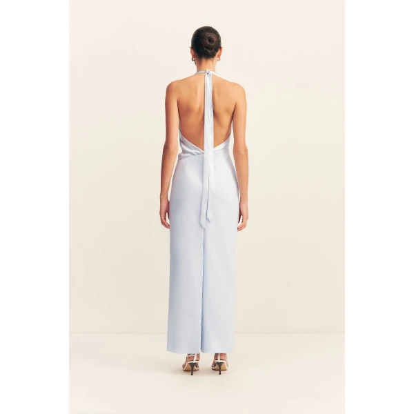 Spliced cowl neck maxi dress in seabreeze in a premium stretch cotton blend contrasted with a satin finish LENZING™ ECOVERO™.