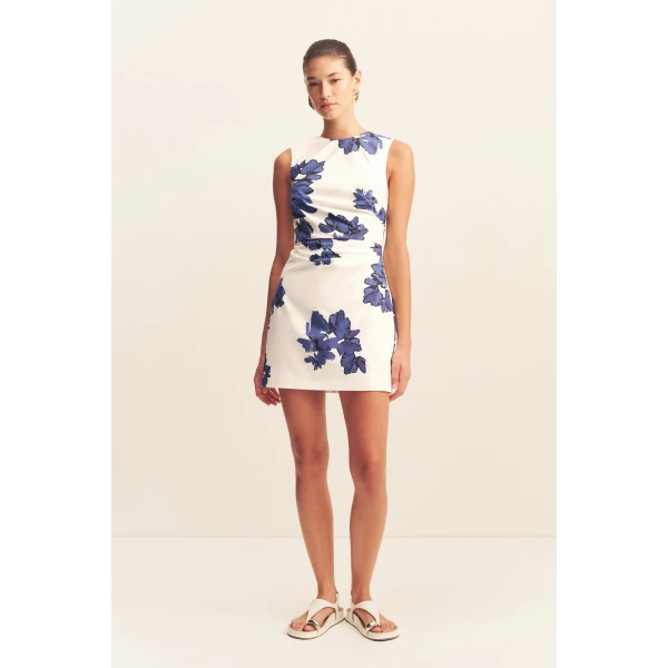 Draped mini dress in the floral midnight wallpaper print in an organic cotton poplin.