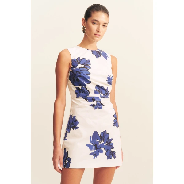 Draped mini dress in the floral midnight wallpaper print in an organic cotton poplin.