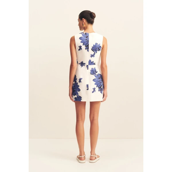 Draped mini dress in the floral midnight wallpaper print in an organic cotton poplin.