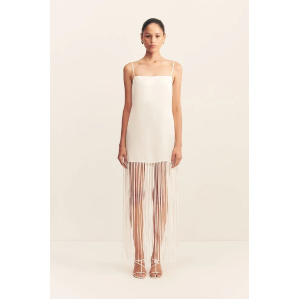 Square neck maxi dress with fringe detail in ivory in a luxurious satin acetate contrasted with a light weight semi-sheer georgette.