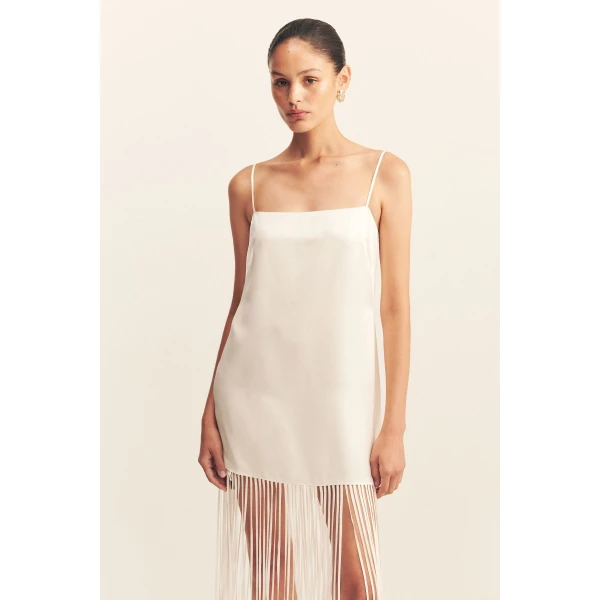 Square neck maxi dress with fringe detail in ivory in a luxurious satin acetate contrasted with a light weight semi-sheer georgette.