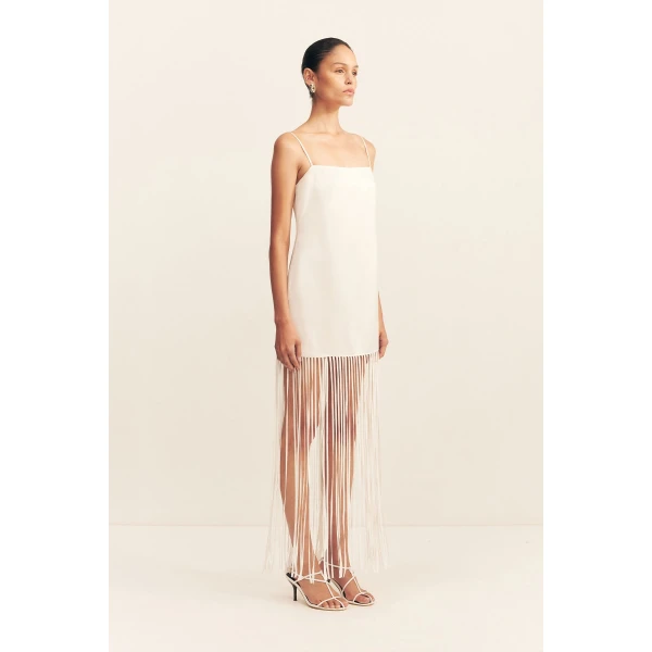 Square neck maxi dress with fringe detail in ivory in a luxurious satin acetate contrasted with a light weight semi-sheer georgette.