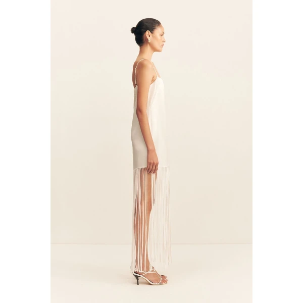 Square neck maxi dress with fringe detail in ivory in a luxurious satin acetate contrasted with a light weight semi-sheer georgette.