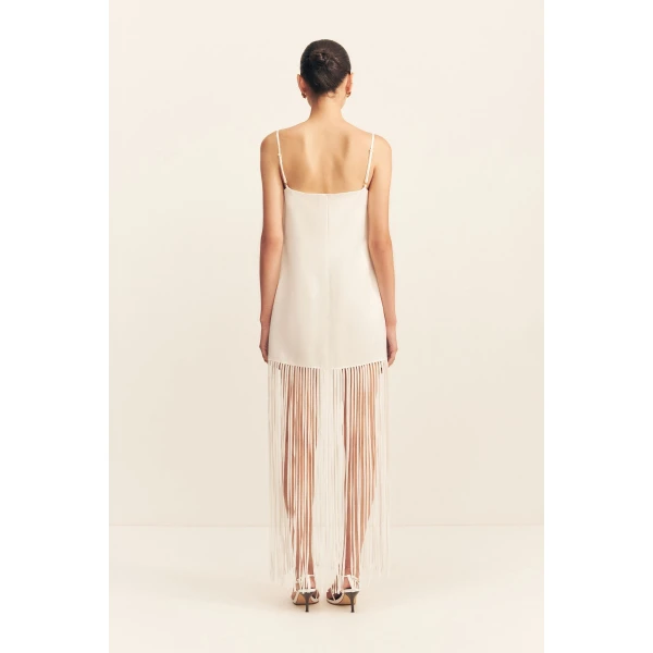 Square neck maxi dress with fringe detail in ivory in a luxurious satin acetate contrasted with a light weight semi-sheer georgette.