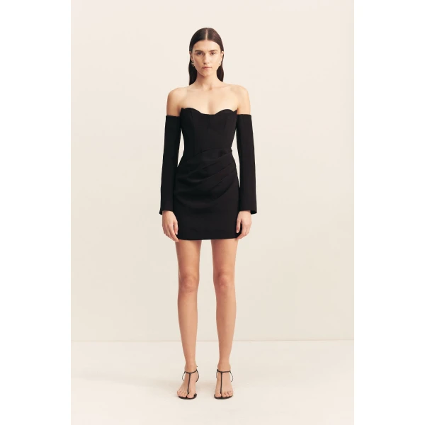 Strapless draped mini dress with a panelled bodice and removable tailored sleeves in black in a textured ottoman viscose.