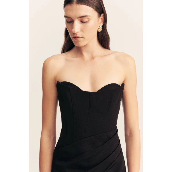 Strapless draped mini dress with a panelled bodice and removable tailored sleeves in black in a textured ottoman viscose.