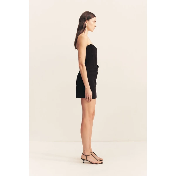 Strapless draped mini dress with a panelled bodice and removable tailored sleeves in black in a textured ottoman viscose.