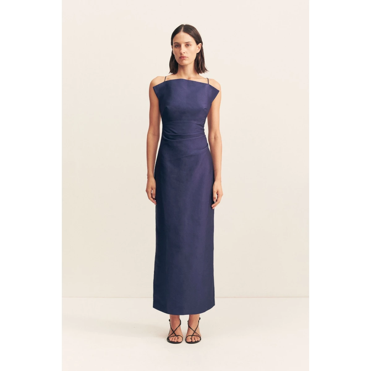 Draped high neck midi dress in midnight in a luxurious cotton sateen blend.