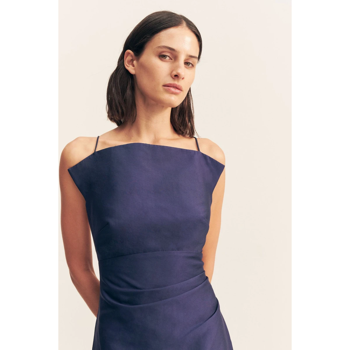 Draped high neck midi dress in midnight in a luxurious cotton sateen blend.