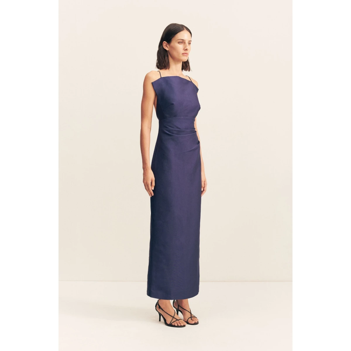 Draped high neck midi dress in midnight in a luxurious cotton sateen blend.