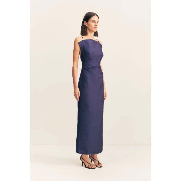 Draped high neck midi dress in midnight in a luxurious cotton sateen blend.
