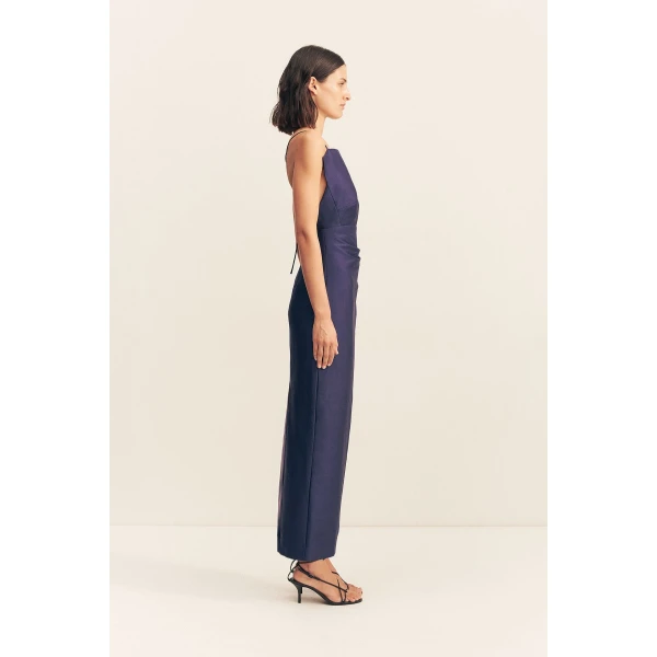 Draped high neck midi dress in midnight in a luxurious cotton sateen blend.