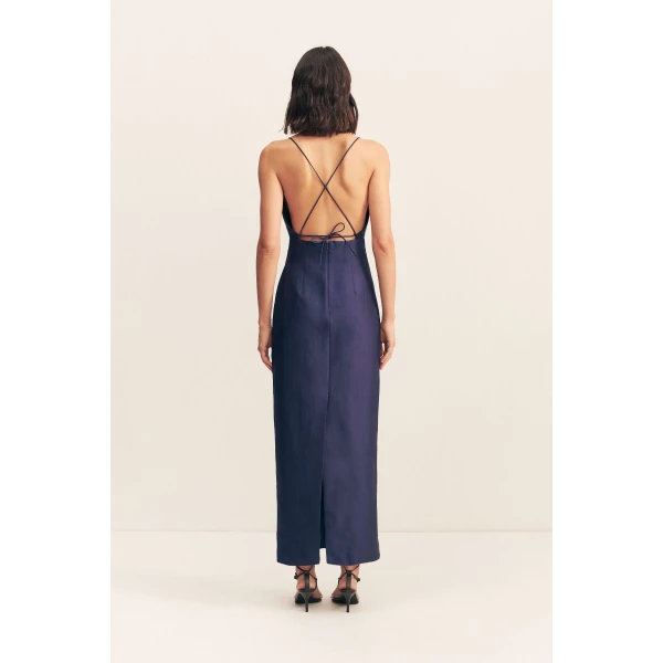 Draped high neck midi dress in midnight in a luxurious cotton sateen blend.