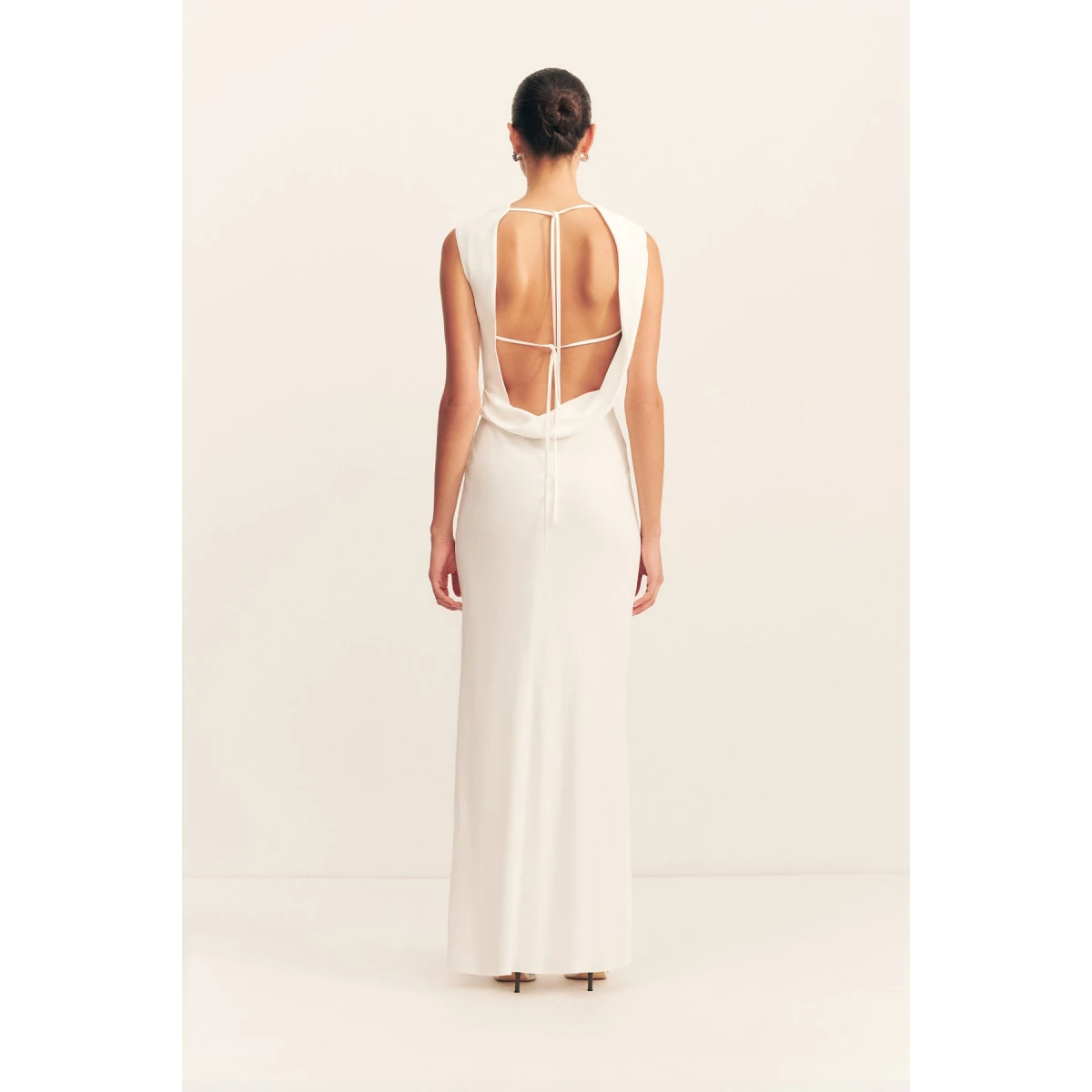 Cowl open back maxi dress in ivory in a soft matte satin-back crepe.