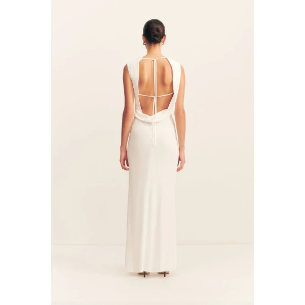 Cowl open back maxi dress in ivory in a soft matte satin-back crepe.