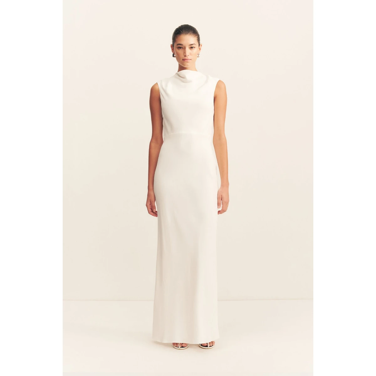 Cowl open back maxi dress in ivory in a soft matte satin-back crepe.