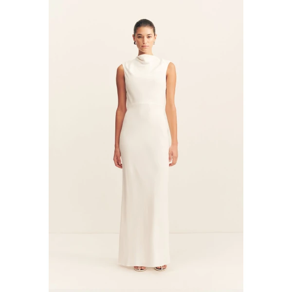 Cowl open back maxi dress in ivory in a soft matte satin-back crepe.