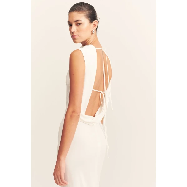 Cowl open back maxi dress in ivory in a soft matte satin-back crepe.