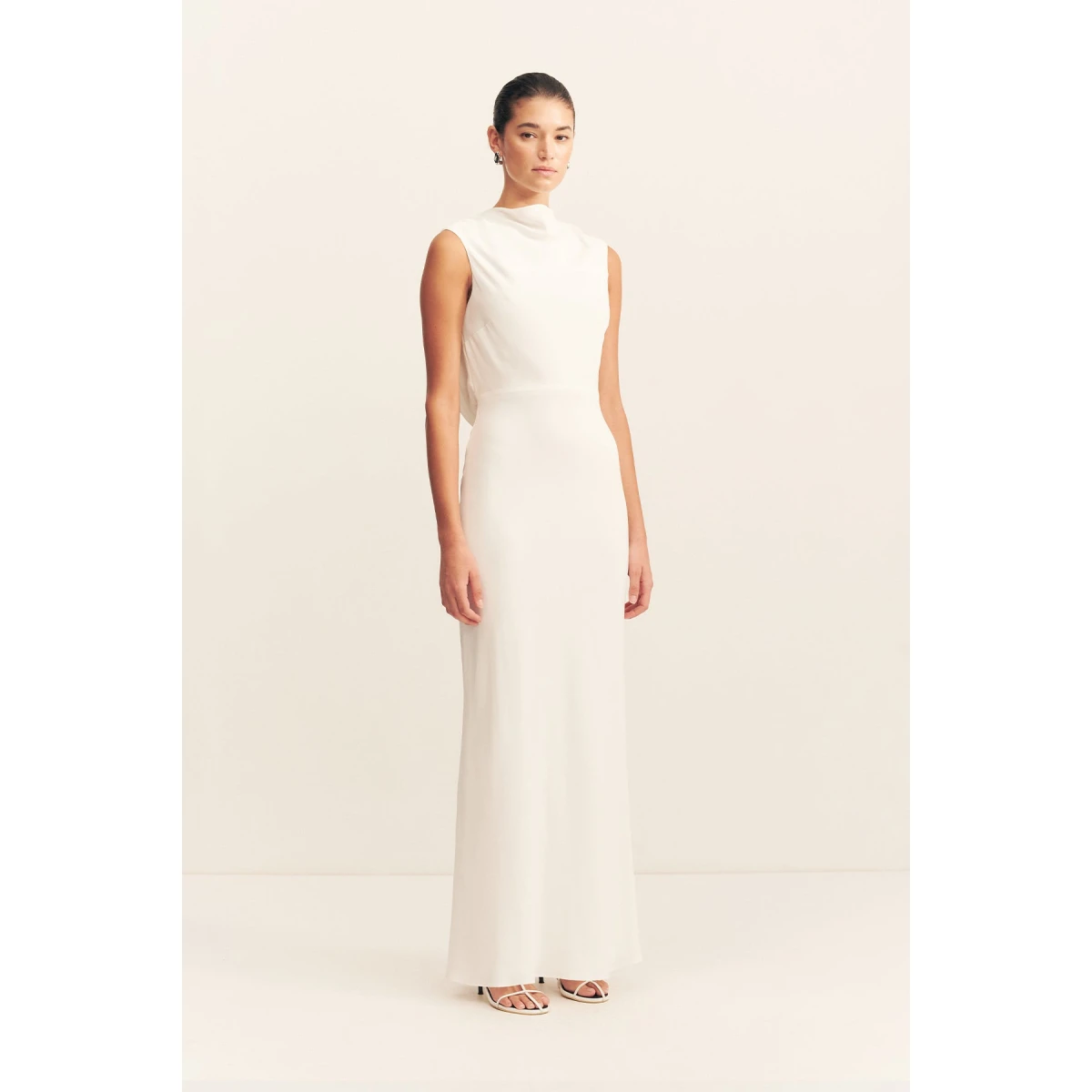 Cowl open back maxi dress in ivory in a soft matte satin-back crepe.