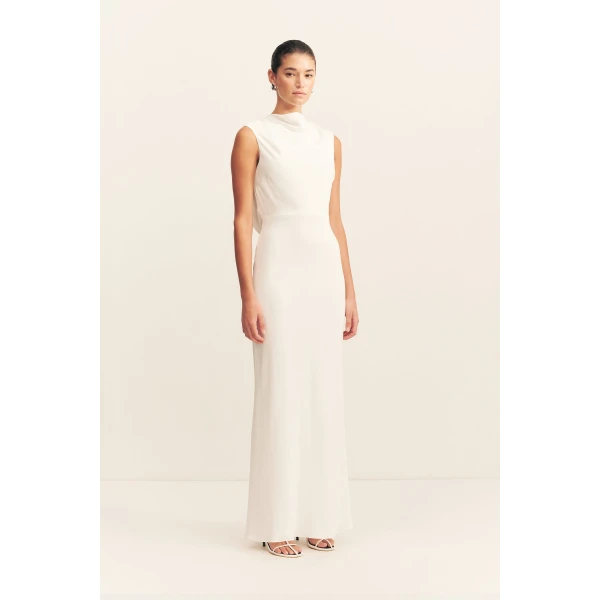 Cowl open back maxi dress in ivory in a soft matte satin-back crepe.