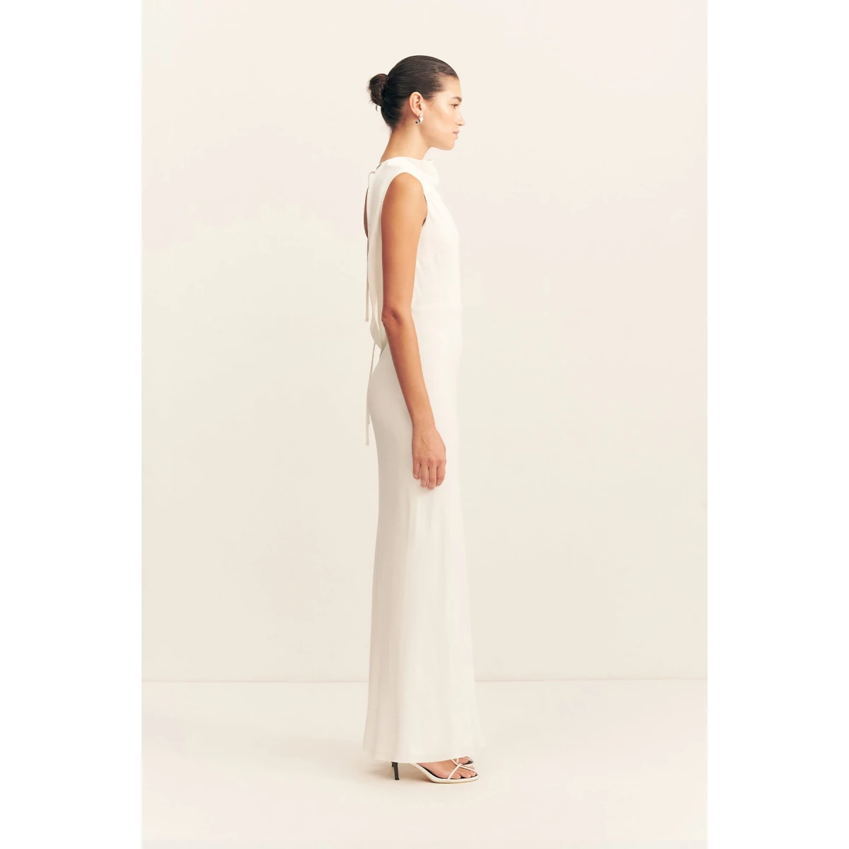 Cowl open back maxi dress in ivory in a soft matte satin-back crepe.