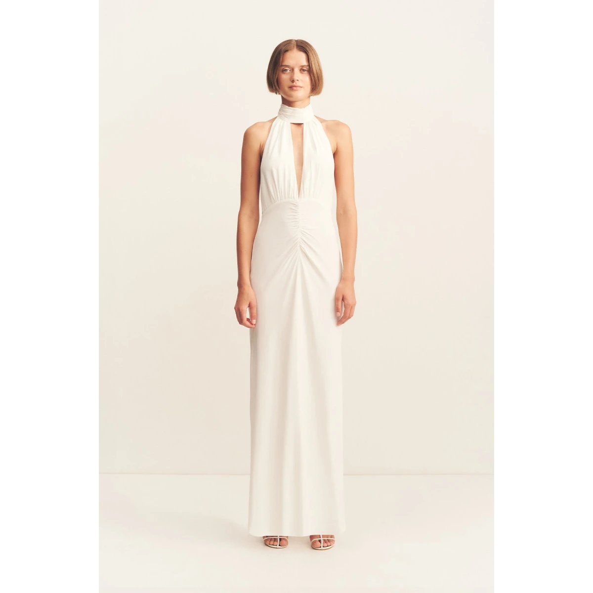 Halter neck maxi dress in ivory in a soft matte satin-back crepe.