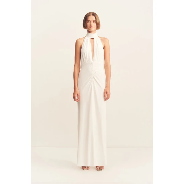 Halter neck maxi dress in ivory in a soft matte satin-back crepe.