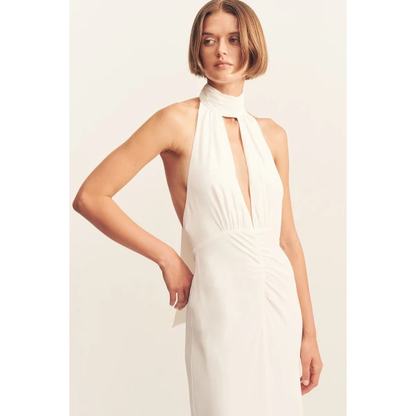 Halter neck maxi dress in ivory in a soft matte satin-back crepe.