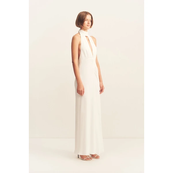 Halter neck maxi dress in ivory in a soft matte satin-back crepe.