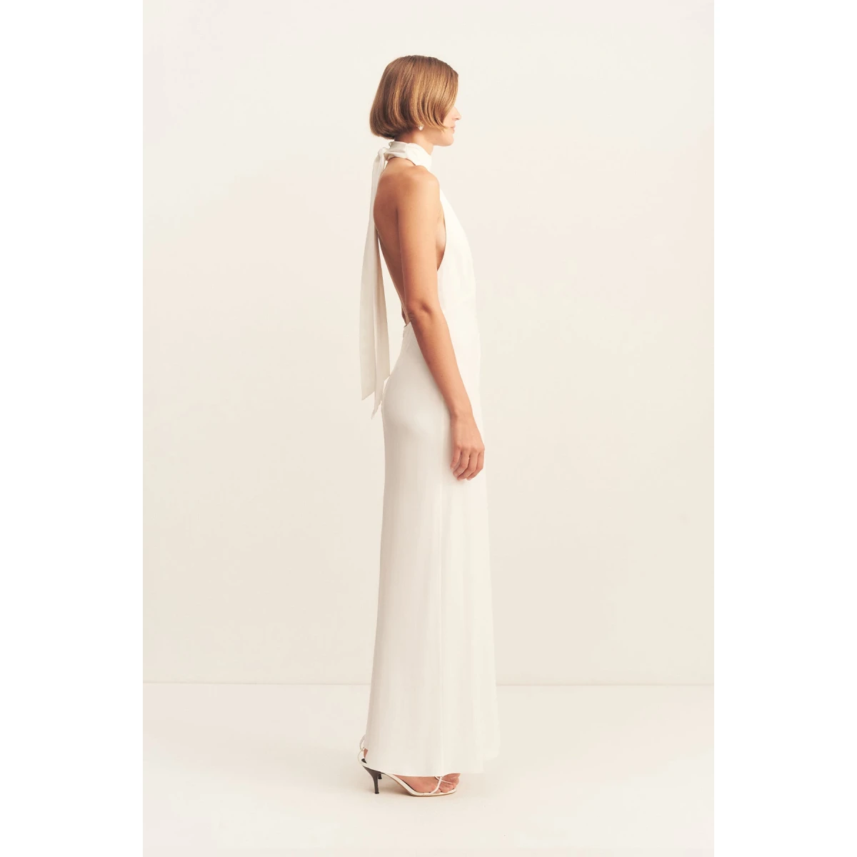 Halter neck maxi dress in ivory in a soft matte satin-back crepe.
