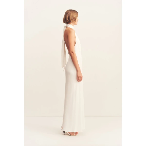 Halter neck maxi dress in ivory in a soft matte satin-back crepe.