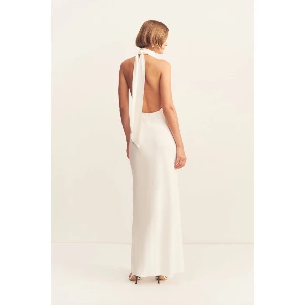 Halter neck maxi dress in ivory in a soft matte satin-back crepe.