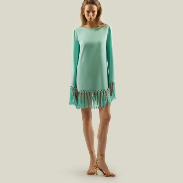 Luxury Taller Marmo dress in satin with feather trim – shop Coveti